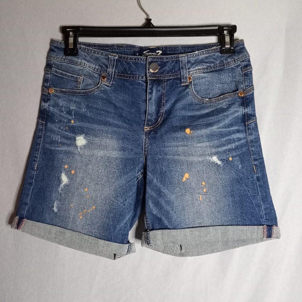 Seven7 Denim Shorts Womens Size 8 Mid-Rise Distressed Roll Hem Paint Splash